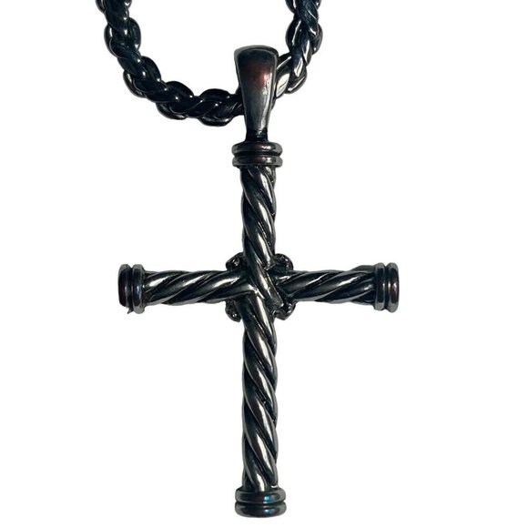 Silver Tone Rope Chain Necklace Chunky Twisted Cross Pendant Rhinestone Accents - Picture 8 of 9